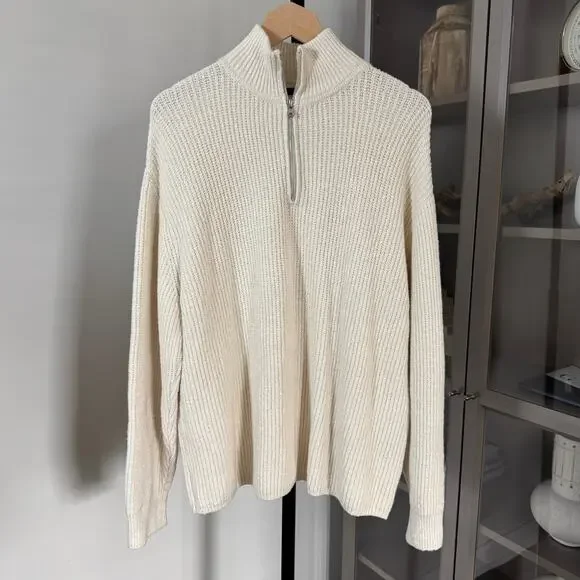 Jenni Kayne Oversized Half Zip Ivory Rib Knit Cotton Sweater 1/4 Zip Pullover M